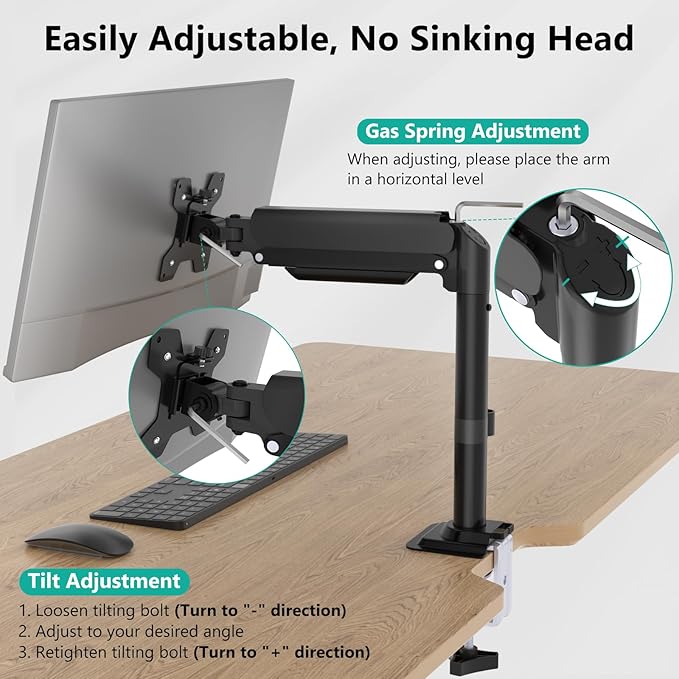 WALI Single Monitor Arm Mount for 13-27 inch Screens, Gas Spring Stand with Full Motion Tilt Swivel Rotation, Holds 19.8 lbs, VESA 75/100, C-Clamp & Grommet Mount (GSDM001S)