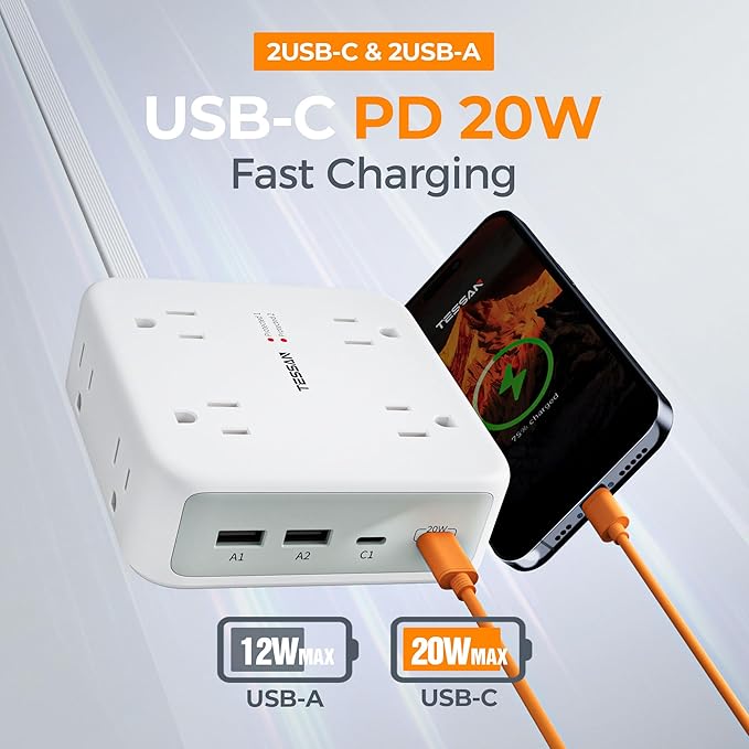 TESSAN Dual Surge Protector Power Strip, 5 Ft Extension Cord Flat Wall Plug with 4 USB (2 USB C) 8 Outlets, 2100J Surge Protection, 20W Multiple Charging Station for Home, Office, College, Dorm Room