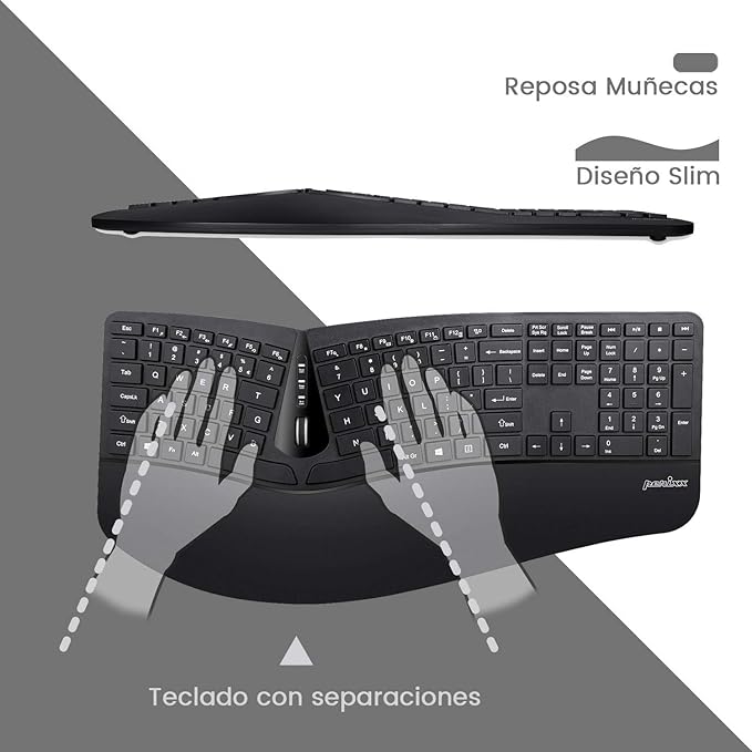 Perixx PERIDUO-605 ES, Pack de Teclado Ergonómico Inalámbrico - separación de teclas y Ratón Vertical con reposa muñeca y Teclas de Membrana Low Profile - QWERTY Español