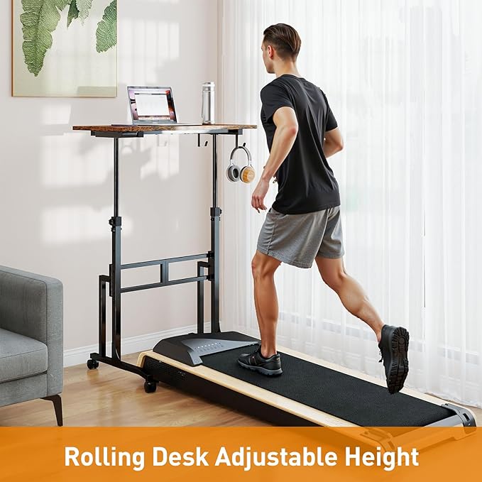 ikkle Standing Desk with Wheels, Adjustable Treadmill Desk, Rolling Bike Trainer Desk for Walking Pad Laptop, Phone Standing, Brown