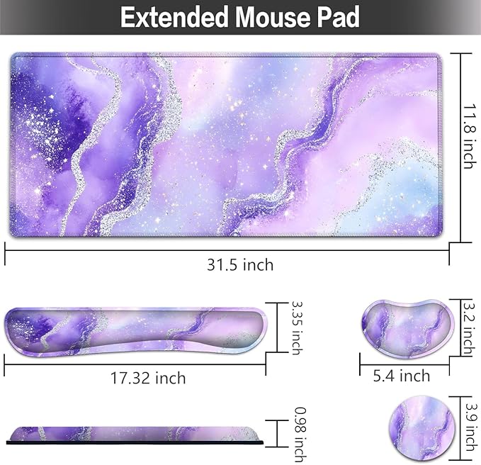 Large Mouse pad and Keyboard Support Set, Ergonomic Memory Foam Keyboard Wrist Rest, Extended Gaming Mouse Pad with Stitched Edges, Purple Glitter Agate XXL Desk Mat (31.5 X 11.8 in)