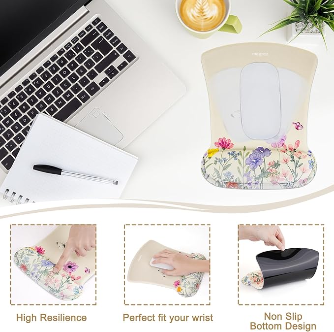 MEGREZ 4-in-1 Ergonomic Memory Foam Wrist Rest Set, Desk Pad, Mouse Pad with Wrist Rest, Keyboard Pad, Suitable for Office Workers, Programmers & Gamers–Relieve Typing & Gaming Fatigue, Light Beige