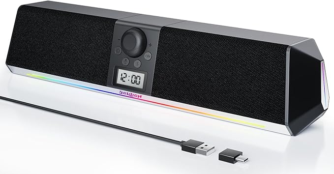 SOULION R80 Bluetooth Computer Speakers, USB Plug & Play PC Speakers with Digital Clock Display, Clear Sound Soundbar with Colorful LED Lights for Desktop Monitor Laptop (USB Adapter Included)