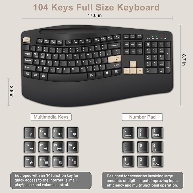 Wireless Keyboard and Mouse Combo, 2.4G Full Size Wave Keys Ergonomic Keyboard with Wrist Rest, Phone Holder, 3-Level DPI Wireless Silent Mouse with 6-Buttons, for Windows (Latte Black)