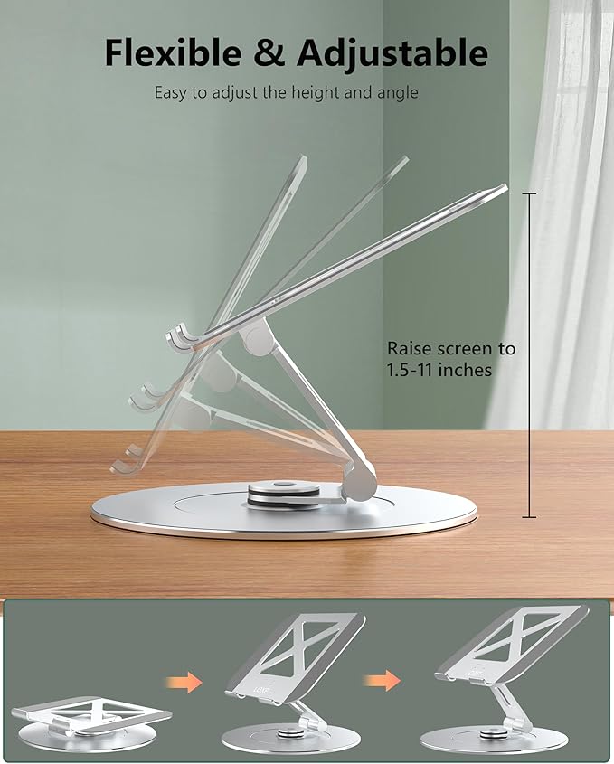 Laptop Stand with Phone Holder, Adjustable Laptop Stand, Aluminum Computer Mount Holder, Ergonomics Laptop Riser for Desk, Printer Stand Fits MacBook, up to 17.3" All Notebooks Silver
