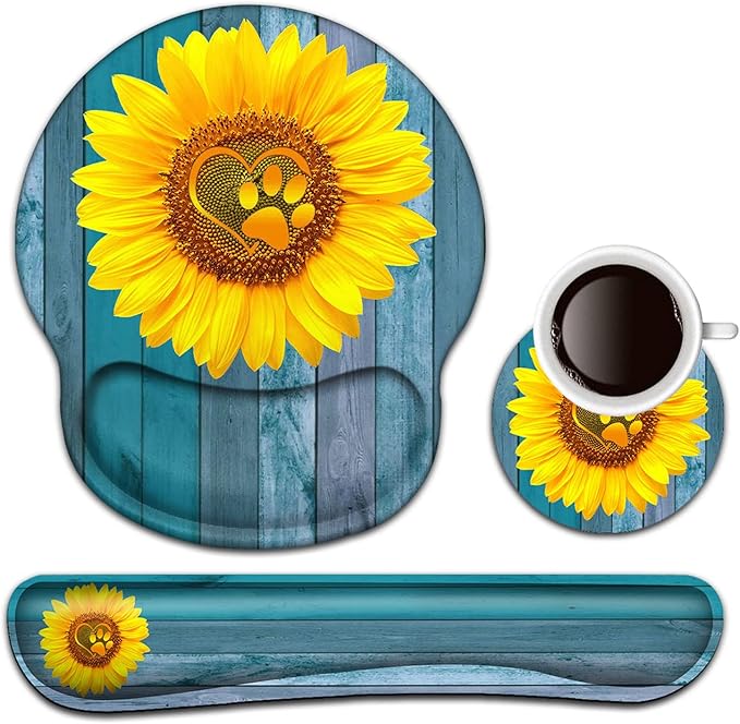 Keyboard Wrist Rest and Mouse Pad with Wrist Support, Ergonomic Mouse Pad Coaster, Comfortable Lightweight for Easy Typing Pain Relief, Memory Foam Keyboard Mousepad Set,Blue Sunflower Dog Paw