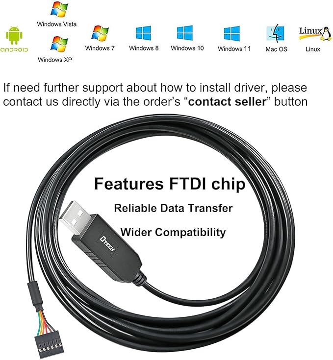 DTECH 3ft USB to TTL Serial Cable 3.3V 6 Pin UART Adapter Genuine FTDI FT232RL Chip Debug Cord Compatible with Windows 11 10 8 7 Linux MAC OS 6Pin 3v3 Level Signal 2.54mm Dupont Female Header