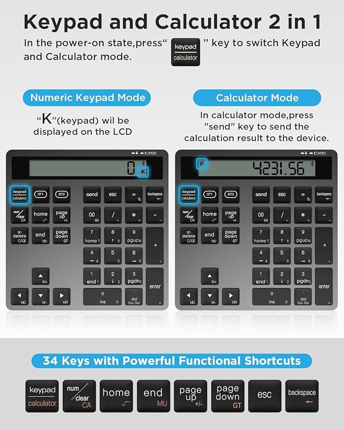 HoRiMe Number Pad for Laptop - Rechargeable Wireless Number Keypad 34 Keys with Dual Bluetooth, 2 in 1 Numeric Keypad Calculator with Display - Portable Slim Numpad for Windows, Mac, iMac, PC, Tablet