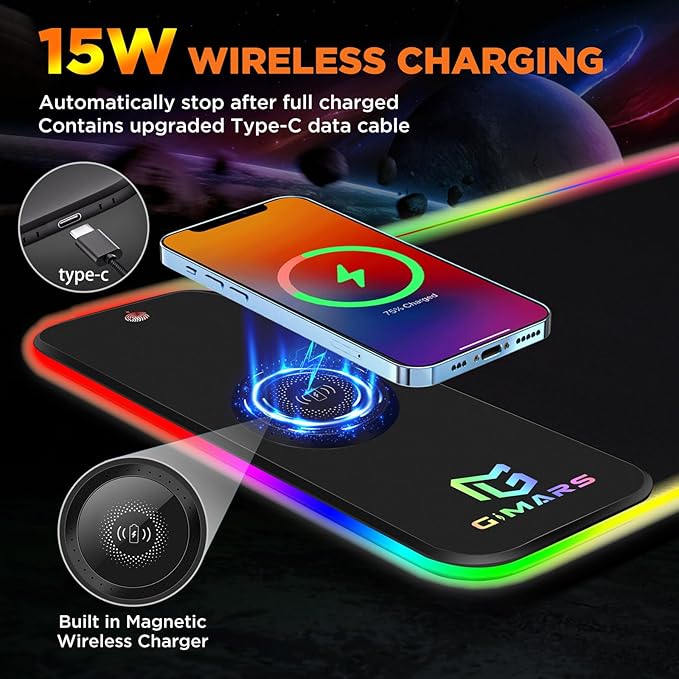 Gimars RGB Gaming Mouse Pad,15W Wireless Charging Mousepad with 10 Light Modes, Large Mousepad with Premium Smooth Surface, Non-Slip Mouse Mat for Gaming, Desk, PC,Office, 31.5x11.8x0.16inch