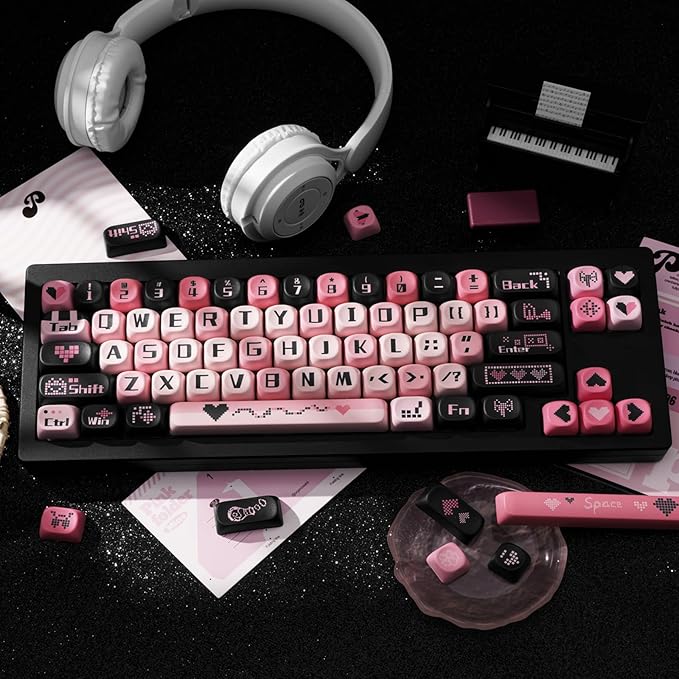 131 Keys PBT Keycaps Dye-Sublimation Black and Pink MOA Profile Custom Cute Keycaps for Cherry Gateron MX Swithes Mechanical Keyboards