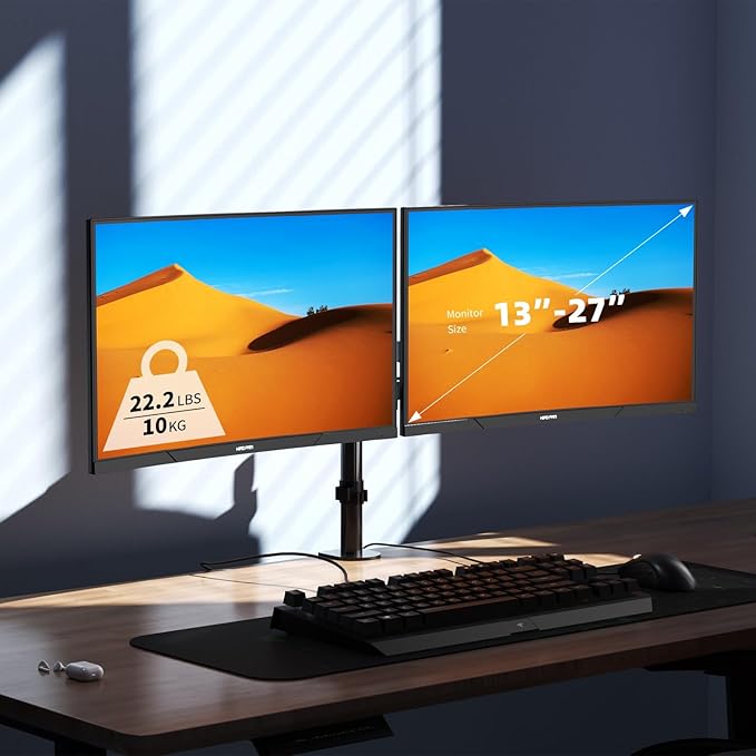 Bracwiser Dual Fully Adjustable Monitor Arm Stand Mount Fits Two Screen 13-27 inch 22lbs for Monitor Computer Screen 13 15 17 19 20 22 23 24 26 27 inch VESA 75 100 (MD7442)