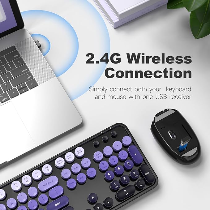 MOFII Wireless Computer Keyboard and Mouse Combo, Typewriter Full Size Keyboard with Number Pad and 2 in 1 USB Connected Mouse for PC Laptop Desktop Windows 7 8 11, Black & Purple