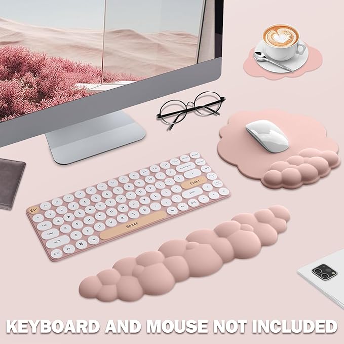 Cloud Keyboard Wrist Rest and Mouse Pad with Wrist Support Set, Ergonomic PU Leather Mouse Pads, Memory Foam Non-Slip Mousepad for Computer,Laptop, Light Pink Cloud