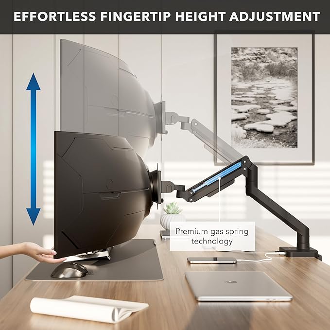 Mount-It! Proflex Series Heavy-Duty Monitor Desk Mount, Fits 17–49” Ultrawide Curved Screens, Full Motion Gas Spring Arm, 44 lbs Capacity, USB-C & USB 3.0 Ports, VESA 75/100, Clamp or Grommet Base