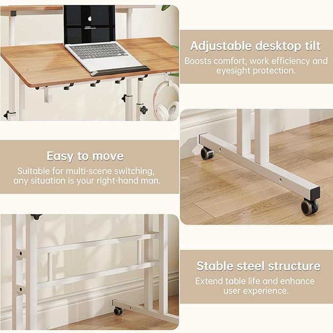 SIDUCAL Mobile Stand Up Desk with USB Ports and Outlets, Adjustable Laptop Desk on Wheels, Home Office Workstation, Rolling Laptop Cart for Standing or Sitting, 31.5" x 23.6" Vintage Oak