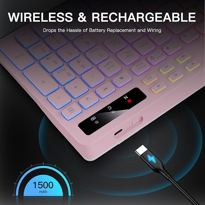 Wireless Keyboard with 7-Color RGB Backlit, Full-Size Computer Keyboard with Phone Tablet Holder, 2.4G Rechargeable Gaming Keyboard with Light Up Keys, Compatible with Mac, Windows (Pink)