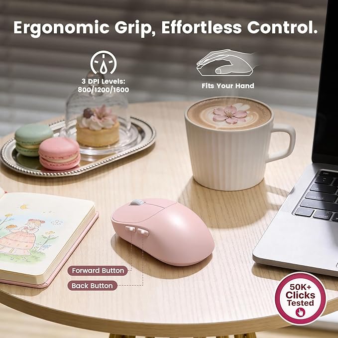 Wireless Keyboard and Mouse Combo, Magnetic Soft-Touch Wrist Rest, Round Keycaps, Full-Size Retro Typewriter Keyboard, 2-Stage Tilt Legs, Auto Sleep, 2.4GHz Cordless for Windows PC, Blush Pink Ombre