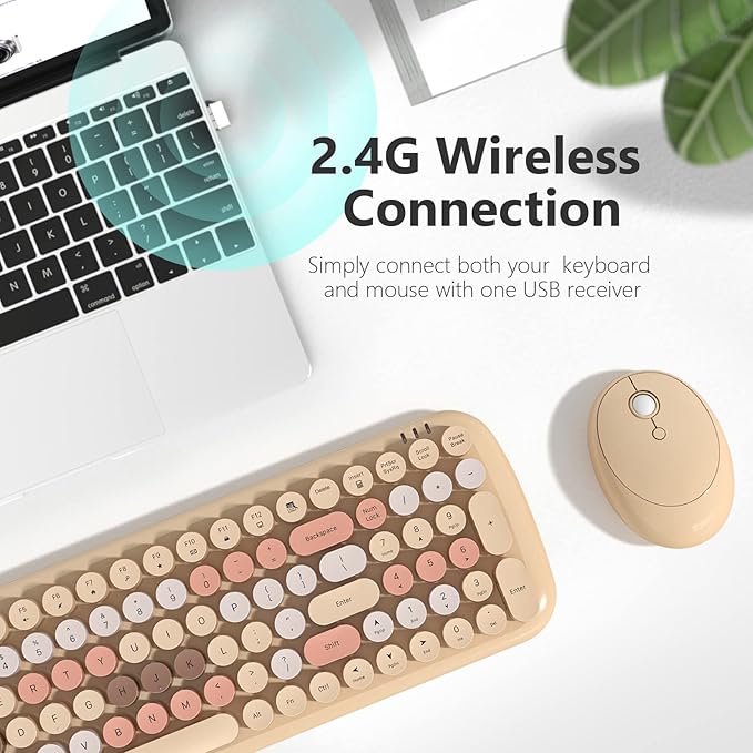 MOFII Wireless Keyboard and Mouse Combo, Full-Size Retro Typewriter-Style Wireless Keyboard with Optical Mouse for Computer/Laptop/Windows/Mac (Milk Tea Colorful-B)