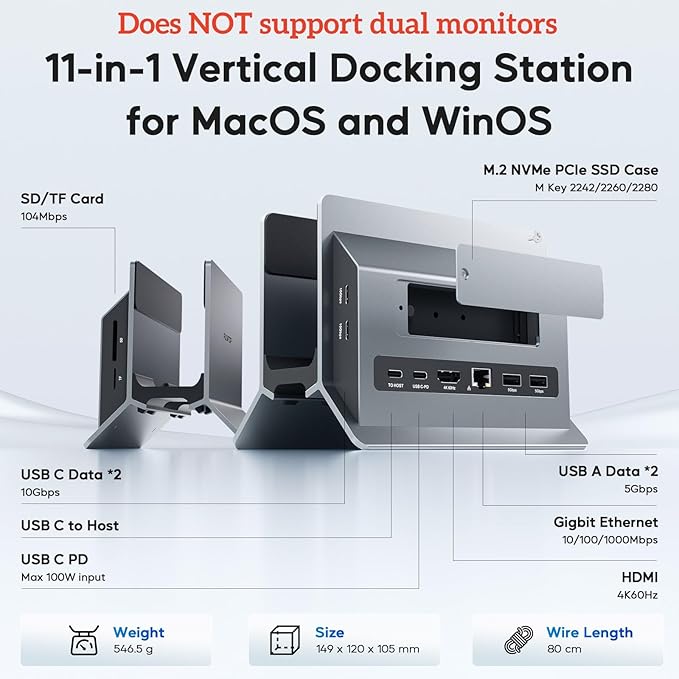 Vertical MacBook Docking Station, PULWTOP Docking Station for Mac mini with M.2 NVMe case for MacBook Pro/Air, 4K@60Hz HDMI, 2USB C 10Gbps, SD/TF, 100W PD, RJ45, 2 USB A for Windows Laptops
