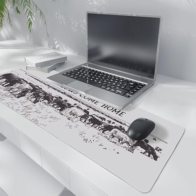Grey Western Cowboy Art Mouse Pad,Retro Western Cows Desk Mat Laptop,XL Large Cowboy Preppy Mouse Pad,Vintage Mid Century Modern Masculine Desk Mat for Western Home Office Dorm,31.5 X 11.8 in
