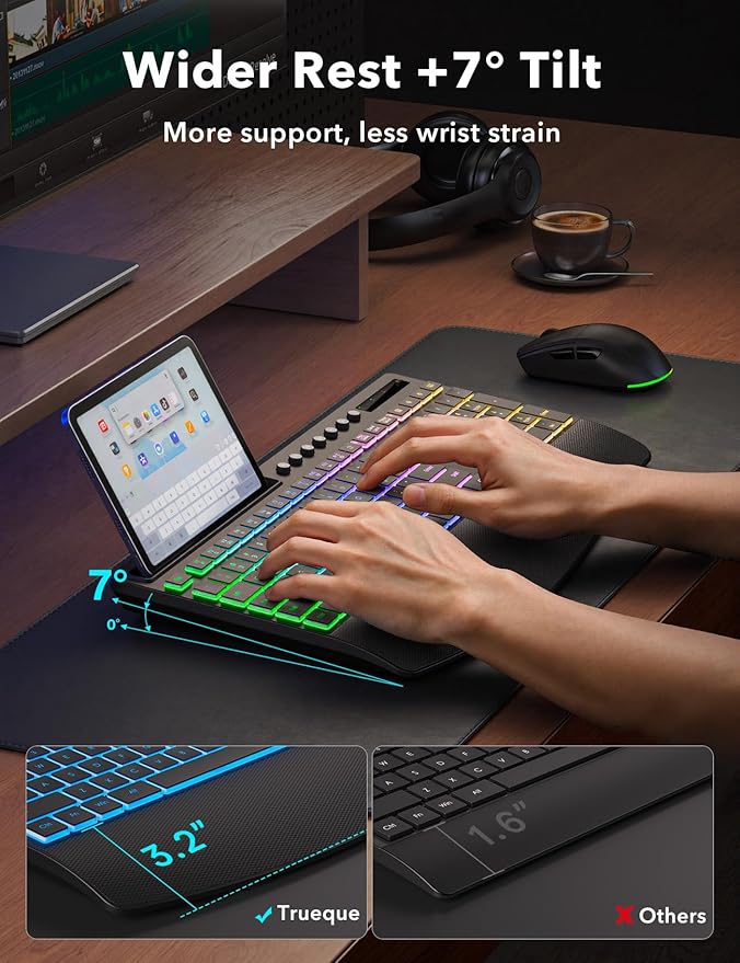 Trueque Wireless Keyboard and Mouse Combo, 4000mAh Rechargeable Backlit Keyboard with Wrist Rest & Phone Holder, Full Size Quiet Typing 2.4G USB-A/Type-C for PC Laptop Windows Mac (Black)