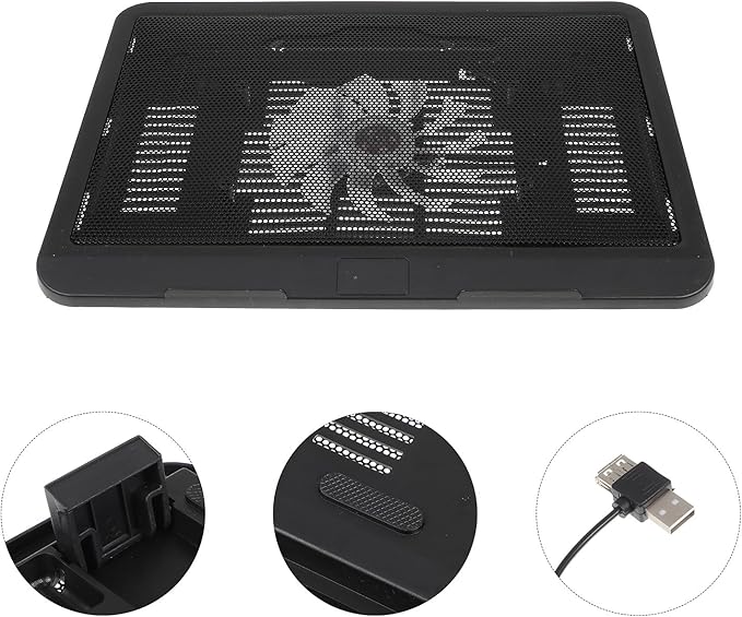 Silent Laptop Cooling Pad with Anti-Slip Fan Cooler and Adjustable Stand for Gaming Notebooks, Black, Suitable for Desktop and Travel Use
