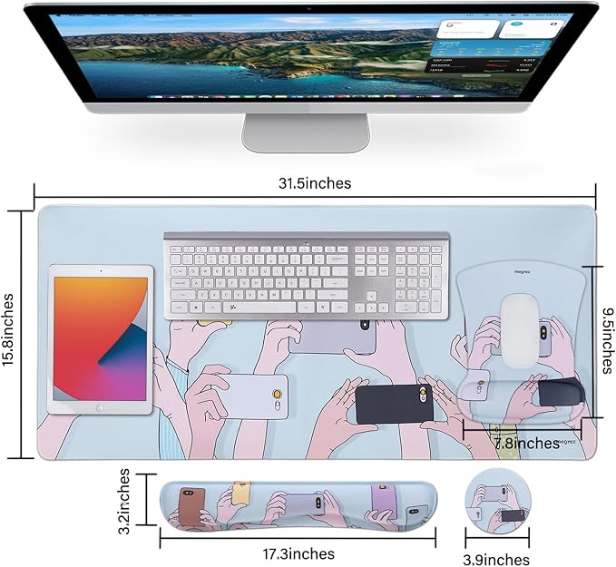 MEGREZ 4-in-1 Ergonomic Memory Foam Wrist Rest Set, Desk Pad, Mouse Pad with Wrist Rest, Keyboard Pad, Suitable for Office Workers, Programmers & Gamers–Relieve Typing & Gaming Fatigue,