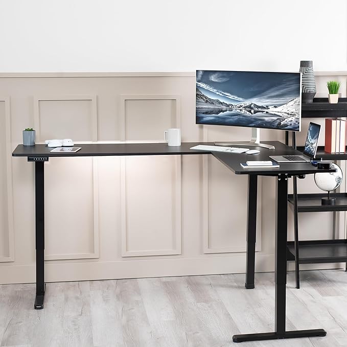 VIVO Corner Standing Desk, 75 x 63 inch Reversible L-Shaped Workstation, Electric Height Adjustment, Home, Office, and Reception Rooms, Black Table Top Black Frame, DESK-E3CTB-75
