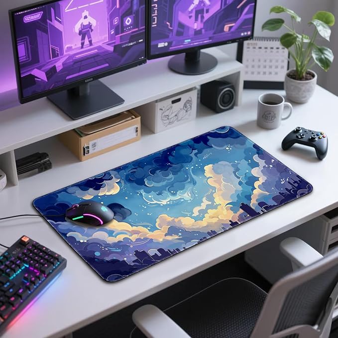 Blue Nebula Aesthetic Large Gaming Mouse Pad 31.5"x15.7"｜XXL Desk Mat, Non-Slip Rubber Base & Stitched Edges - Extended Waterproof Mousepad for PC/Laptop/Office/Home Decor