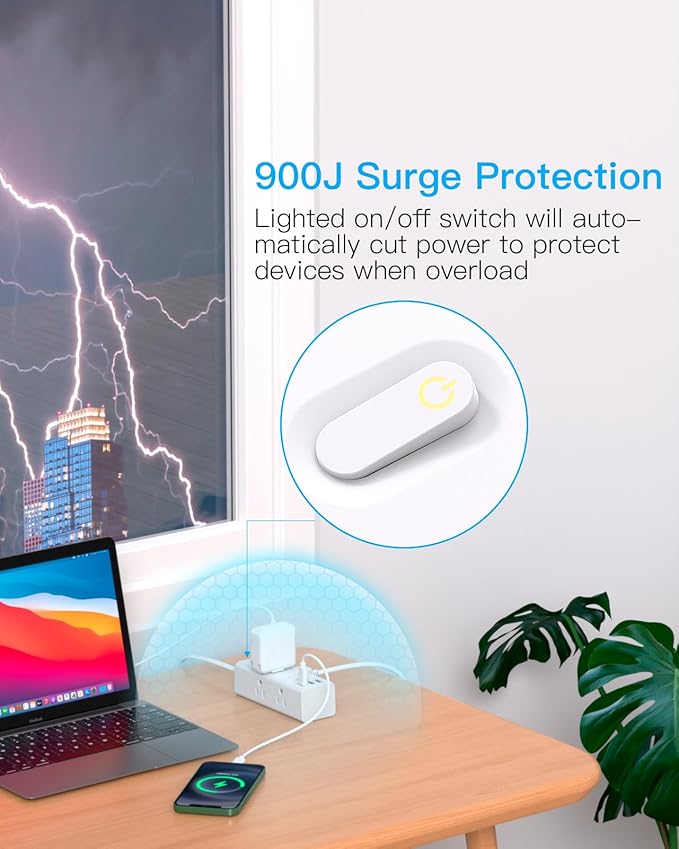 20Ft Extension Cord with Multiple Outlets, Flat Plug Power Strip Surge Protector with 20 Ft Long Cord, 6 Outlet 3 USB Ports (1 USB C), Multi Outlet Wall Plug for Travel, College, Dorm Room Essentials