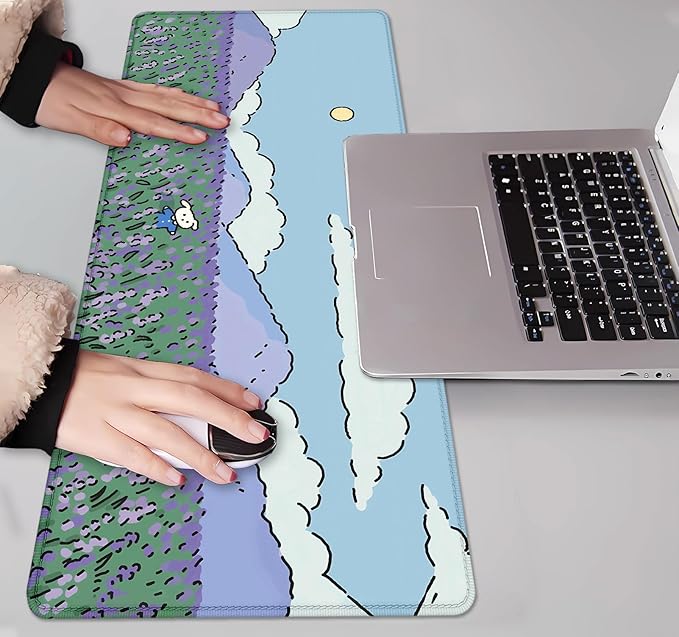 IMAYONDIA Anime Lavender Desk Mat Cute, Green Purple Blue XL Large Gaming Mouse Pad for Laptop, Kawaii Landscape Japanese Deskmat, Mousepad Computer Pad, 31.5 X 11.8 Inch