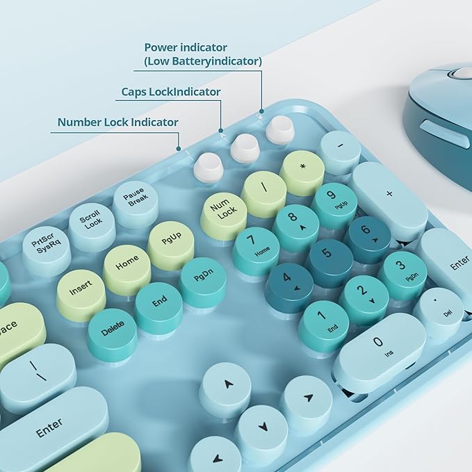 Colorful Blue Keyboard and Mouse Combo Wireless, 2.4G Full Size 104-Key Retro Typewriter Keyboards Round Keys for Students Teenagers Home Office PC Laptop(Colorful Blue)