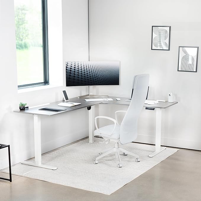 VIVO Corner Standing Desk, 75 x 63 inch Reversible L-Shaped Workstation, Electric Height Adjustment, Home, Office, and Reception Rooms, Dark Gray Table Top White Frame, DESK-E3CTWG-75