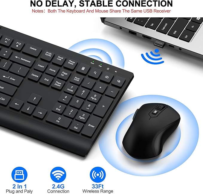 Wireless Keyboard and Mouse Combo, Full Size Quiet Key Computer Keyboard and Cordless Mice with 3 DPI Adjustable, 2.4G Lag-Free, Long Battery Life, Compatible with Windows and Mac Systems
