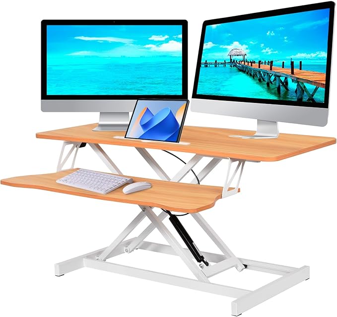 37" Desk Converter, Height Adjustable Stand Up Desk Converter, 2 Monitor Standing, Sit to Stand, Quick Sit to Tabletop, Riser Workstation with Wide Keyboard Tray