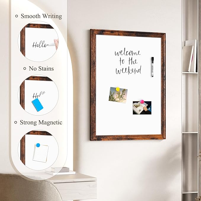 4 THOUGHT Dry Erase Board, 36" x 24" Magnetic Whiteboard Brown Vintage Wood Frame Wall-Mounted White Board Decorative Notice Board School, Office, Home, 8 Magnets 4 Markers 1 Eraser