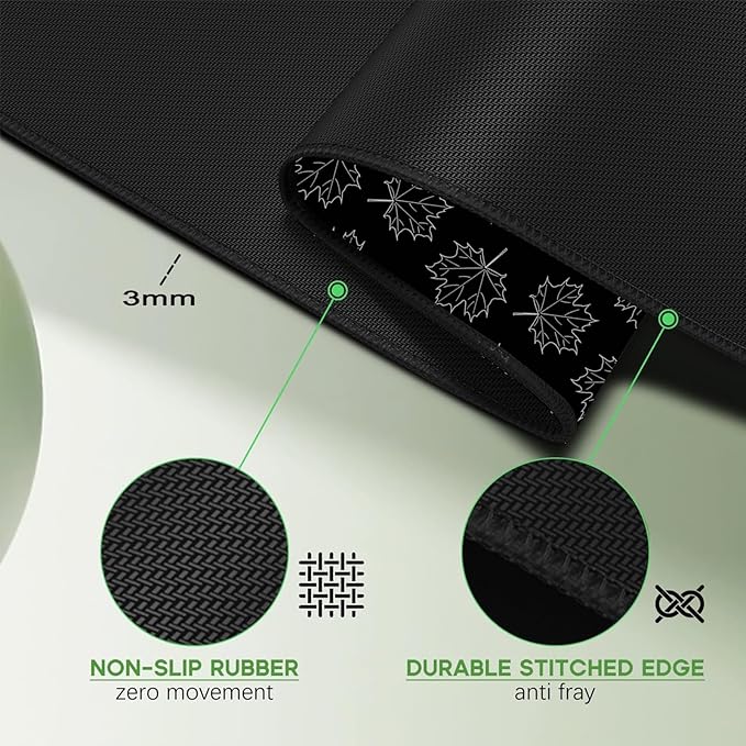 Maple Leafs Pattern Mouse Pad Large 31.5 x 11.8in Black Topographic Laptop Keyboard Mousepad for Non-Slip Base and Stitched Edge, XL Extended Desk Mat