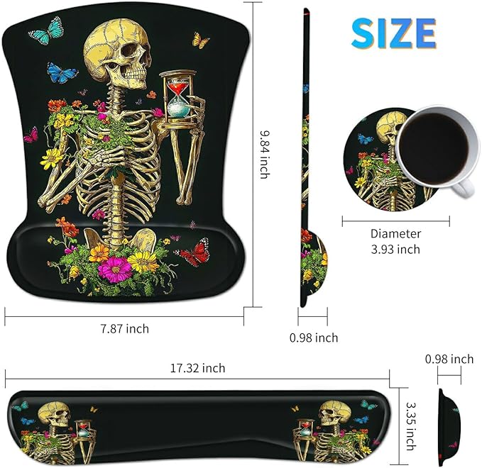 Ergonomic Mouse Pad with Wrist Support Gel Mousepads and Upgrade Keyboard Wrist Rest Pad Set, Coasters Non-Slip PU Base Mouse Mat for Office Gaming Computer Laptop, Flower Butterfly Skull