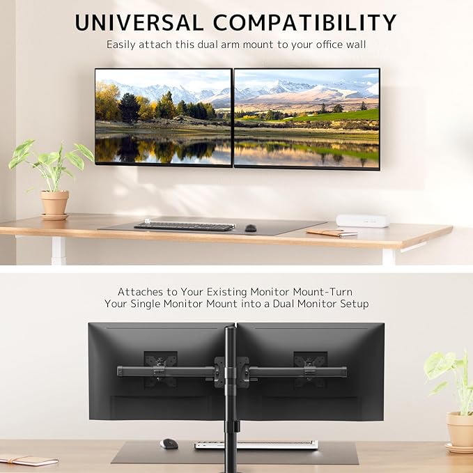Dual Monitor Wall Mount, Horizontal Assembly Mount for 2 Monitor Screens up to 35 inches, Max. 10kg per Arm, VESA 75x75/100x100mm,Black