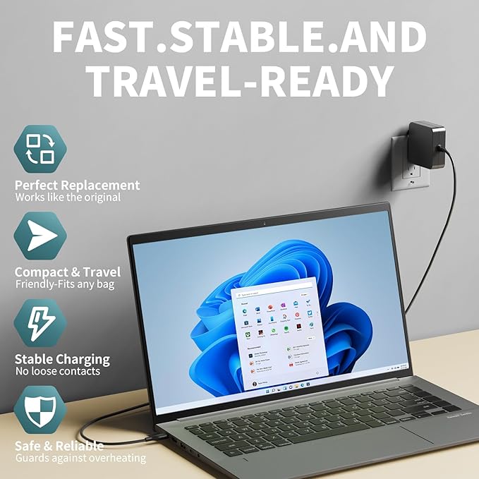 65W USB C Laptop Charger for Home, Office & Travel, Type C Adapter Compatible with MacBook Air/Pro, Dell XPS/Latitude, Lenovo ThinkPad, HP Spectre/Envy, Huawei MateBook and More