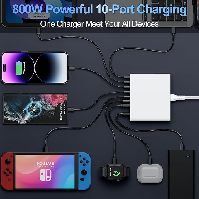 800W USB C Charger Block,10-Port Charging Station GaN Fast Charging Type C & USB A Wall Charger Adapter for MacBook Pro/Air,iPhone,iPad,Dell XPS,Samsung Galaxy(White)