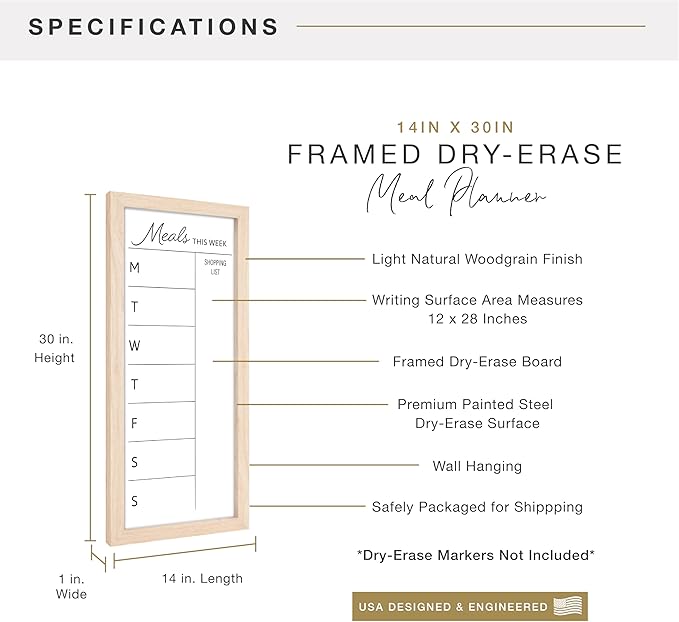 MCS Dry Erase Weekly Meal Planner 14x30 Natural Framed Calander Whiteboard for The Wall, Plan Your Meals for The Week, Family Weekly Planner for Dinners & More–Including Shopping List