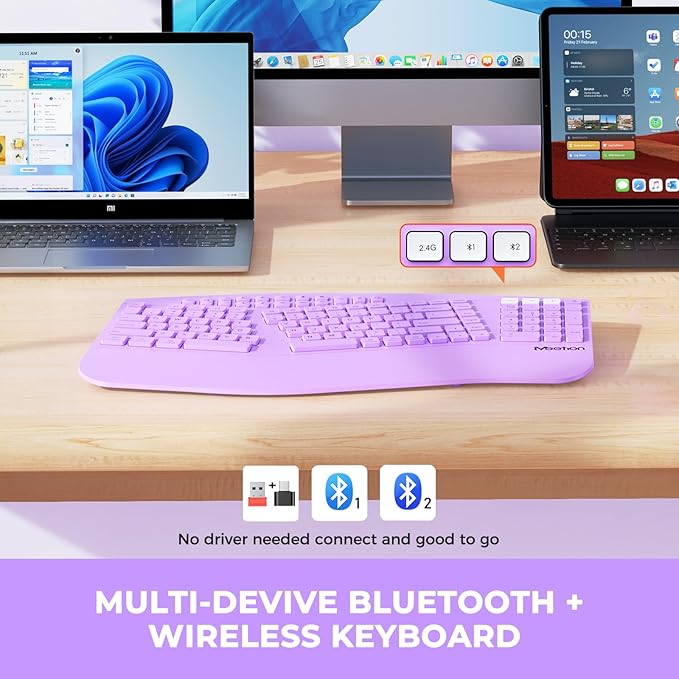 MEETION Ergonomic Keyboard Wireless, Multi-Device Bluetooth Keyboard, Wrist Rest for Natural Typing, Full-Sized Rechargeable Split Computer Keyboards, for Windows/Mac/PC/Laptop/Ta