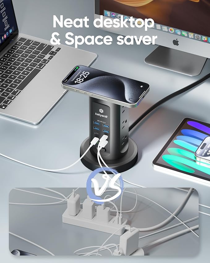 30W USB Charging Station, Surge Protector Power Strip Tower, 9 AC Outlets with 8 USB Ports(4 USB-C), 6Ft Flat Plug Retractable Extension Cord, for Home Office Dorm, Black