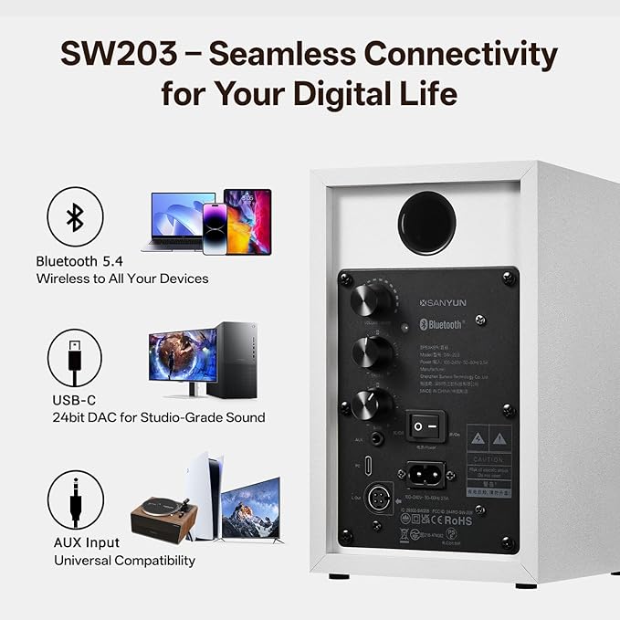Sanyun SW203 4.0 Computer Speakers - 60W 4-Way DSP Control 3D Immersive Sound - 3" Carbon Fiber Woofer & 20mm Silk Dome Tweeter - 24bit DAC USB/Bluetooth 5.4/AUX - Studio-Grade Audio (Pair, White)