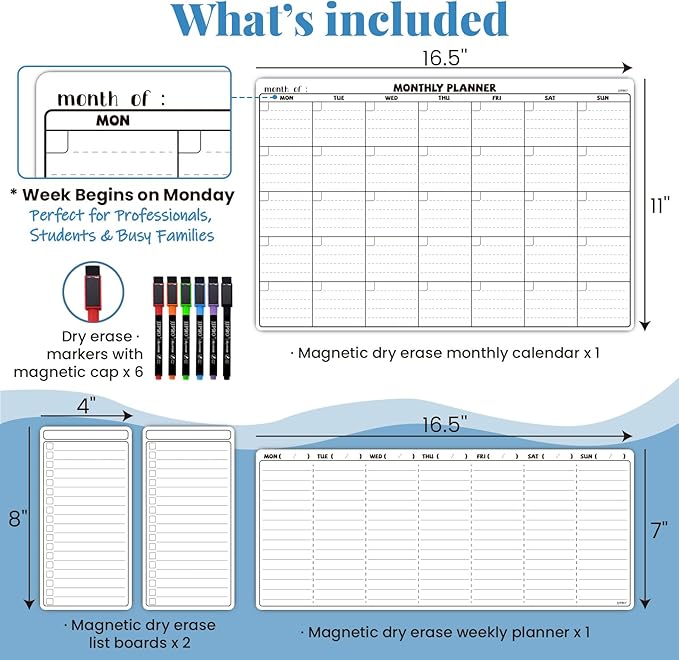 JJPRO Magnetic Dry Erase Calendar for Refrigerator-Reusable Monthly Calendar Starts Monday,Weekly Planner&to Do List for Fridge-Magnetic Monthly,Weekly Planner&List 2pcs-16.5x11"