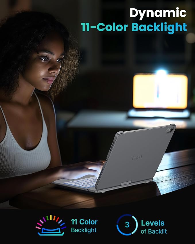 typecase Flexbook Keyboard Case for iPad 11th (A16, 2025) and iPad 10th Gen (10.9", 2022) – No Trackpad, 11-Color Backlight, 360° Rotatable, 7 Use Modes, Thin & Lightweight – Silver
