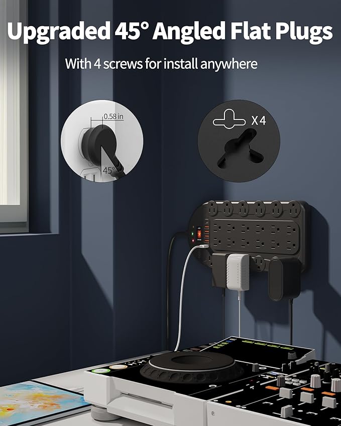 6.5 Ft Power Strip Surge Protector with 24 AC Outlets (1875W/15A) 6 USBs (2 USB-C Ports), 3,400 Joules, Heavy Duty Flat Plug Extension Cord, Wall Mountable for Home, Office, Black, ETL Listed