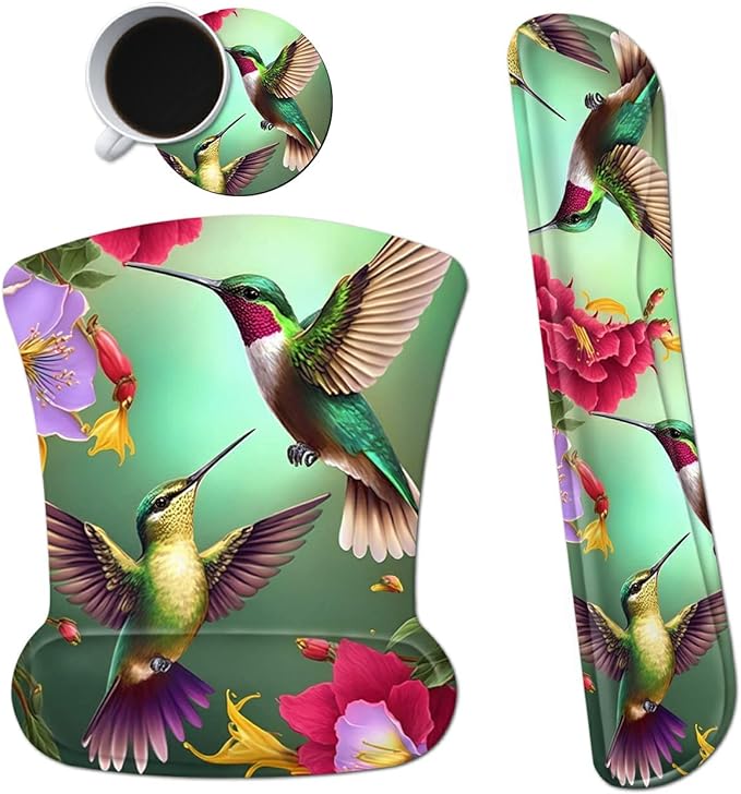 Ergonomic Mouse Pad with Wrist Support Gel & Memory Foam, Floral Hummingbird Flower Pattern, Non-Slip PU Base for Office, Gaming, Computer, Laptop, Home