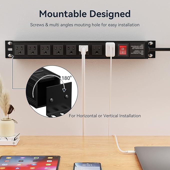 Heavy Duty Power Strip,8 Outlet Metal Power Strip Wall Mount, 1.6 inch Wide Spaced Industrial Surge Protector, Garage Power Strip for Shop Workshop Power Strip with Switch & 6 FT Extension Cord, 300J